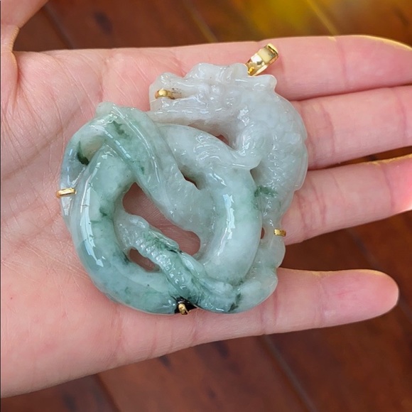 14K Real Gold Carved Dragon Natural Jade Pendant L - Picture 4 of 16